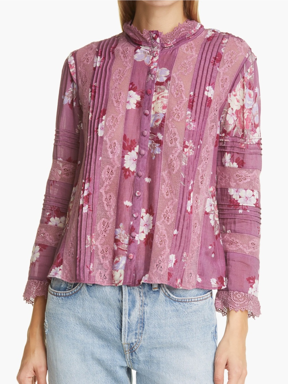 LoveShackFancy Cory Floral Lace Detail Cotton & Silk Blouse